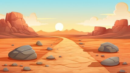 Fototapeta premium Whimsical cartoon illustration of a desert road winding through cacti and rock formations under a vast sky