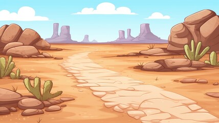 Whimsical cartoon illustration of a desert road winding through cacti and rock formations under a vast sky
