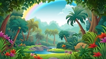 Obraz premium Enchanting cartoon illustration of a rainbow gracing the sky after rain over a lush forest landscape