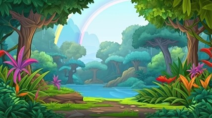 Enchanting cartoon illustration of a rainbow gracing the sky after rain over a lush forest landscape