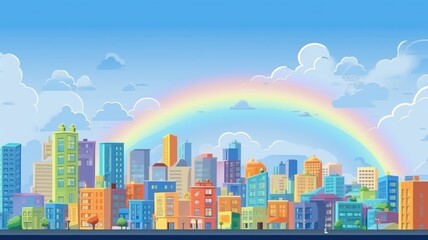 Vibrant cityscape cartoon illustration with a cheerful rainbow and fluffy clouds adorning the sky