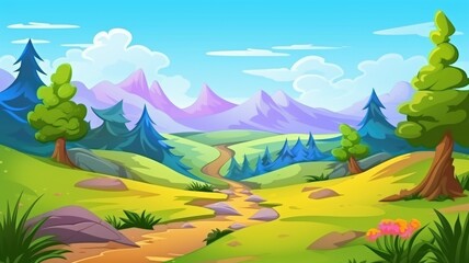 Serene cartoon illustration of a natural landscape with lush greenery, a winding river, and majestic mountains under a soft orange sky