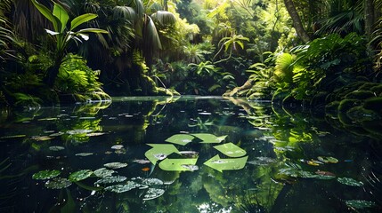 A lake in the shape of a recycling sign in the middle of untouched nature. An ecological metaphor for ecological waste management and a sustainable and economical lifestyle. 3d rendering