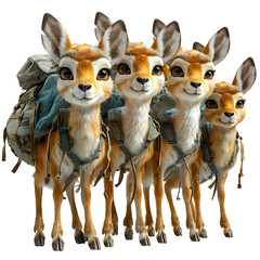A 3D animated cartoon render of a graceful gazelle leading lost hikers to safety.