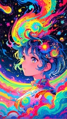 サイケデリックな女の子のイラスト,Generative AI AI画像