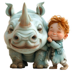 A 3D cartoon render of a joyful child being rescued by a friendly rhinoceros.