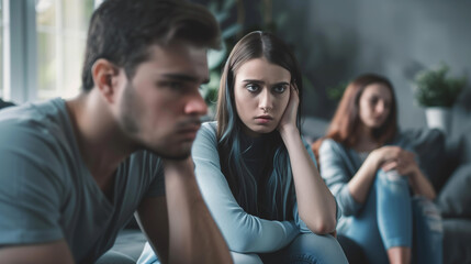 Obraz premium Family therapy. A serious girl and a man are listening to a psychotherapist. Blue tone.