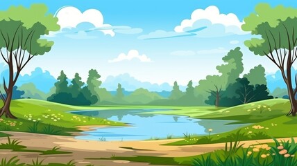 Cheerful cartoon illustration of a sunny meadow with colorful flowers and a scenic mountain backdrop
