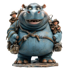 A 3D animated cartoon render of a smiling hippopotamus guiding lost explorers to safety.