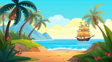 Fototapeta na wymiar Idyllic tropical beach cartoon illustration with a sailing ship on the horizon and lush palm trees