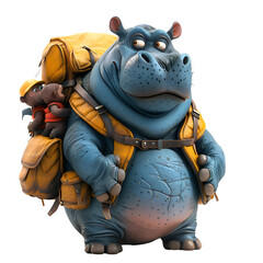 A 3D animated cartoon render of a playful hippopotamus saving wayward adventurers.