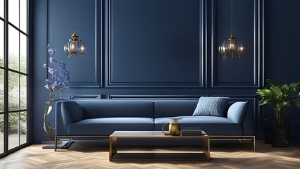  Living room with cabinet for tv on dark blue color wall background 