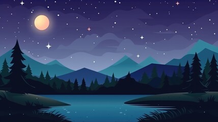 Serene night landscape, cartoon illustration with moonlit mountains and a reflective lake under a starry sky