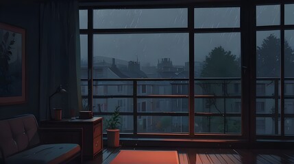 Lofi Empty Interior: Rainy Day Window View in Anime Manga Style with Colorful Study Desk for Cozy Chill Vibe Wallpaper,Wallpaper, Digital Art, Backgrounds