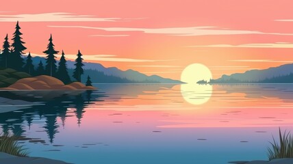 Serene lake landscape at sunset, cartoon illustration with vibrant sky colors reflecting on tranquil waters