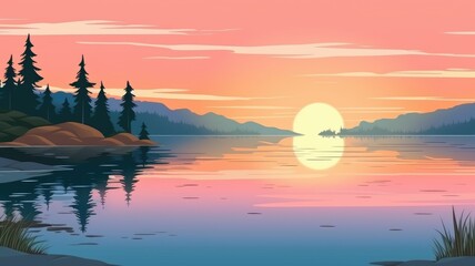 Obraz premium Serene lake landscape at sunset, cartoon illustration with vibrant sky colors reflecting on tranquil waters