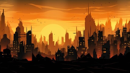 Captivating cartoon illustration of a sunset cityscape, with silhouetted buildings against a dramatic orange sky
