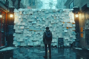 Man stands in front of Building covered in papers, in Electric blue City Street