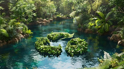 A lake in the shape of a recycling sign in the middle of untouched nature. An ecological metaphor for ecological waste management and a sustainable and economical lifestyle. 3d rendering