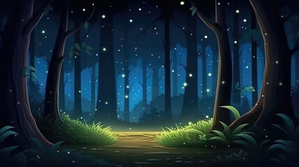 Enchanted forest cartoon illustration, aglow with fireflies under a starry night sky, evoking magical wonder