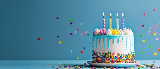 A blue background adorned with a birthday cake featuring rainbow icing, vibrant sprinkles, and illuminated candles.