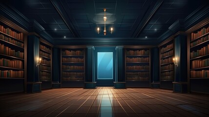 Cartoon illustration of an opulent library interior, bathed in the gentle glow of moonlight, exuding scholarly elegance