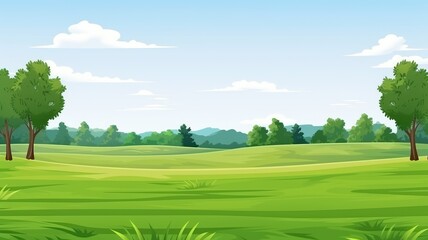 Obraz premium Cartoon illustration of a lush golf course landscape, basking in the serenity of nature’s embrace