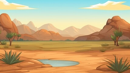 Cartoon illustration of a tranquil African desert oasis with lush palms and a mountain backdrop