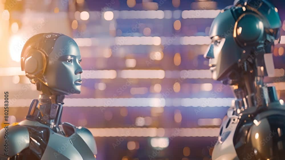 Poster two robots standing in front of cityscape generative ai