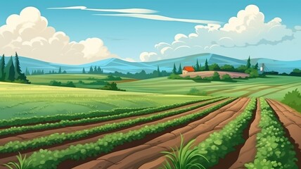 Cartoon illustration of a sunny farm field, showcasing vibrant crops and a pastoral vibe under a clear sky