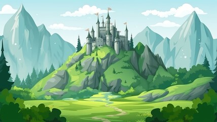 Cartoon illustration of a fairy tale castle nestled in a lush green valley, surrounded by majestic mountains.