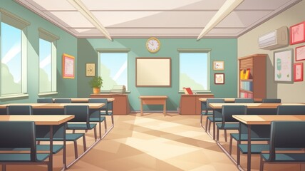 Cartoon illustration of a cheerful English language classroom, empty and ready for an educational journey