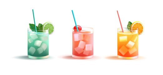 A set of colored alcoholic and non-alcoholic cocktails in glasses with ice, 3D. Cocktails for design concepts of restaurants, pubs, refreshingly cold and delicious drinks. Vector