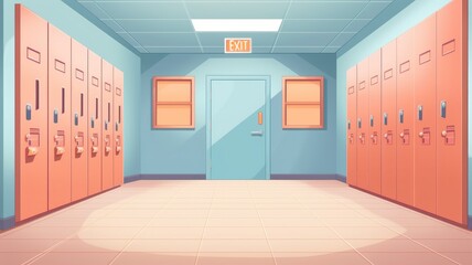 Cartoon illustration of an empty school hallway lined with colorful lockers, evoking a quiet academic atmosphere