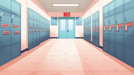 Cartoon illustration of an empty school hallway lined with colorful lockers, evoking a quiet academic atmosphere