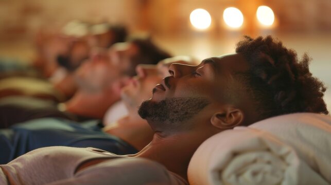 A diverse group of men lying in Savasana corpse pose at the end of a restorative yoga class with their hands resting on their chests and a sense of calm on their faces.