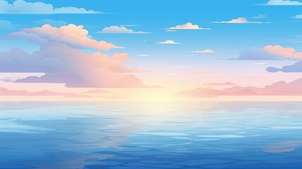 Obraz premium Cartoon illustration of a peaceful early morning sky with a pastel sunrise over a serene sea