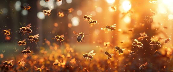 Photograph shows hundreds of bees in detail. The organization and tireless activity of these hard-working creatures. We appreciate the importance of bees and their vital role in pollination. Honeycomb - obrazy, fototapety, plakaty