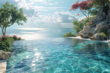 An artists depiction of an infinity pool with ocean views