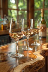 row of several glasses of wine, varying in shades from pale rose to deep ruby, are elegantly lined up on a sleek wooden bar.