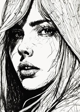 Scratchy pen strokes, blind contour, fisheye perspective closeup, beautiful girl, s face in darkness, stark hatch shaded sketchy scribbly, ink, strong angular shapes, woodcut shading, pouty lips etc 