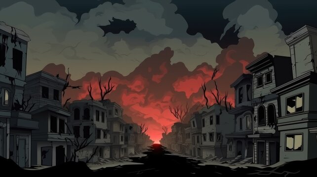Stark cartoon illustration of a city in ruins post-war, with smoke rising from abandoned buildings