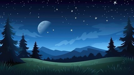 Fototapeta premium Whimsical cartoon illustration of a tranquil night landscape with a moonlit sky and forest silhouette