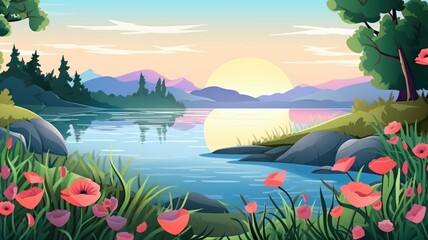 Idyllic cartoon illustration of a summer landscape with vibrant greenery and a peaceful lake setting