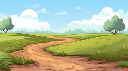 Charming cartoon illustration of a rural landscape with a winding dirt road amidst lush fields under a clear sky