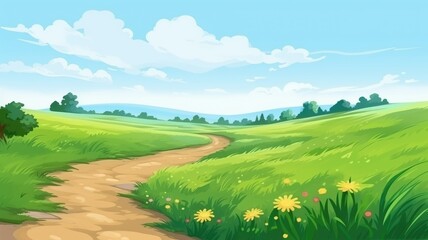 Charming cartoon illustration of a rural landscape with a winding dirt road amidst lush fields under a clear sky