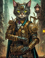 スチームパンク世界の繁華街に立つ猫な賞金稼ぎ