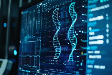 A computer screen displaying genetic code being sequenced and analyzed.