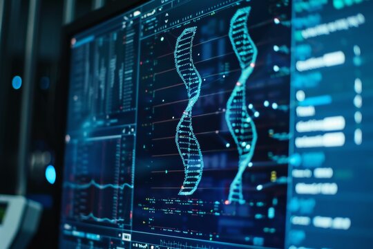 A computer screen displaying genetic code being sequenced and analyzed.