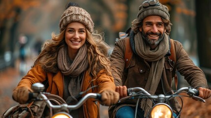 Happy Couple Enjoying a Bicycle Ride in a Picturesque Autumn Park